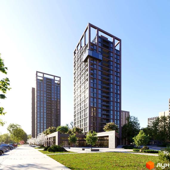 Житловий комплекс MARSHALL - це дві високі цегляні будівлі з панорамними вікнами та просторою прибудинковою територією з зеленими зонами та доріжками.