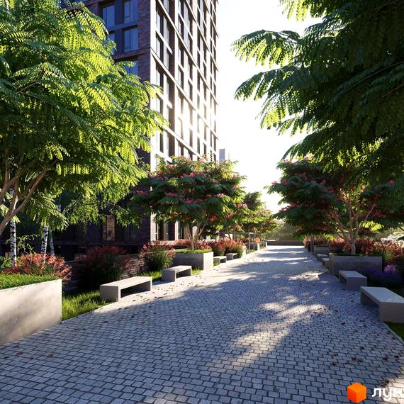 Житловий комплекс MARSHALL з доглянутою прибудинковою територією, вимощеною бруківкою, лавками та зеленими насадженнями. Будинок має цегляний фасад та великі вікна.