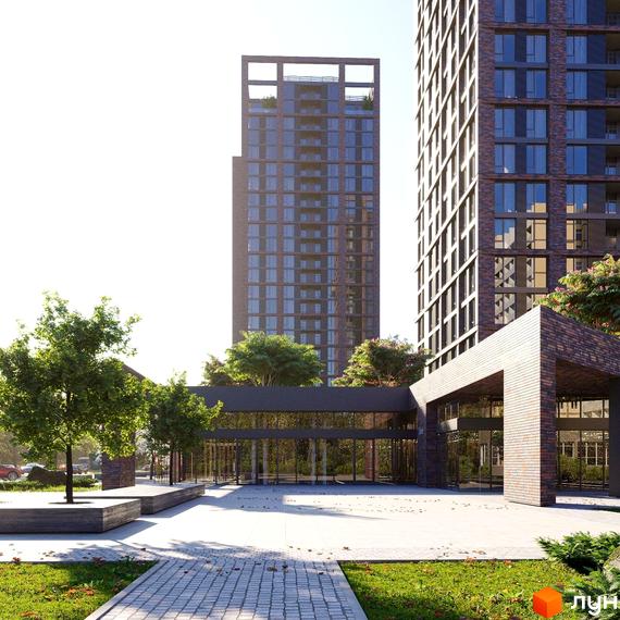 Житловий комплекс MARSHALL з цегляним фасадом та скляними балконами, оточений зеленою прибудинковою територією з пішохідними доріжками та зонами відпочинку.