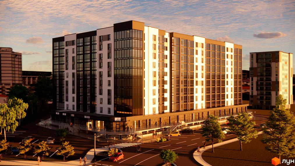 Зовнішній вигляд житлового комплексу Comfort House з великою кількістю скління та прибудинковою територією з деревами та дорогою.