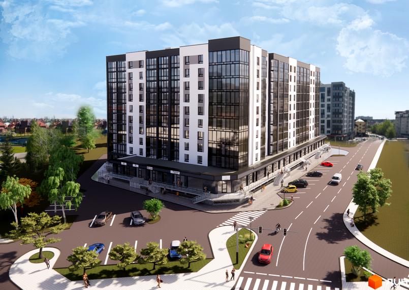 Житловий комплекс Comfort House з біло-сірим фасадом та великими вікнами, прибудинкова територія з парковкою та дорогою.