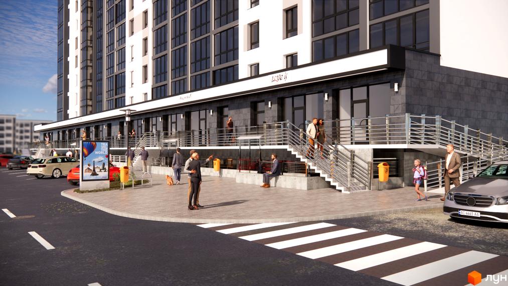 Зовнішній вигляд новобудови ЖК Comfort House з фасадом з темної плитки та великими вікнами. Прибудинкова територія з доріжками, сходами та місцями для відпочинку.