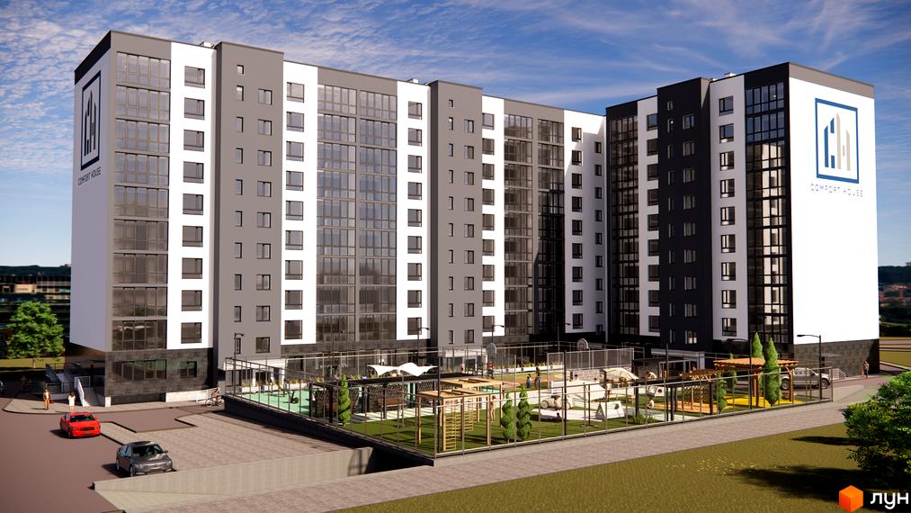 Зовнішній вигляд новобудови Comfort House з великою кількістю вікон та сірими і білими фасадами. Прибудинкова територія включає дитячий майданчик та зони відпочинку.