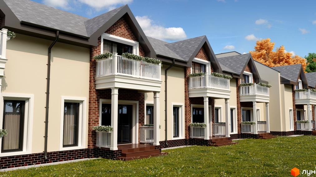 Зображення фасаду таунхаусів Котеджного містечка Forest Town з балконами, розташованих на зеленій галявині.