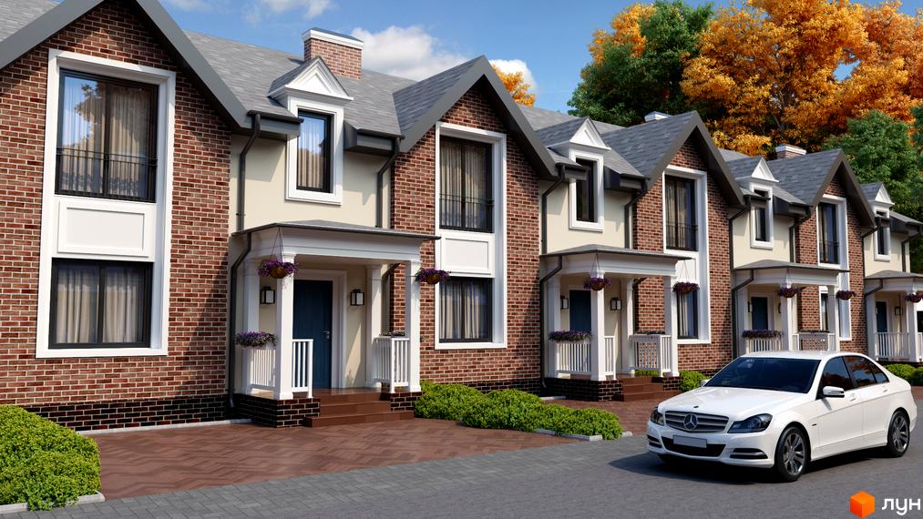 Зображення таунхаусів у Котеджному містечку Forest Town з червоної цегли. Перед будинками акуратний газон та білий автомобіль.
