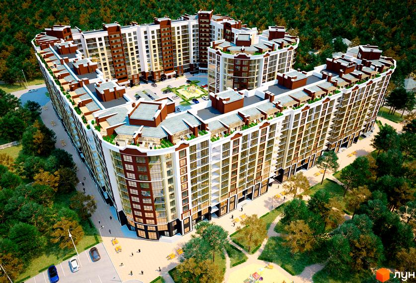 Зображення Житлового комплексу Лісова казка з висоти пташиного польоту. Багатоповерховий будинок з великою прибудинковою територією та зеленими насадженнями.