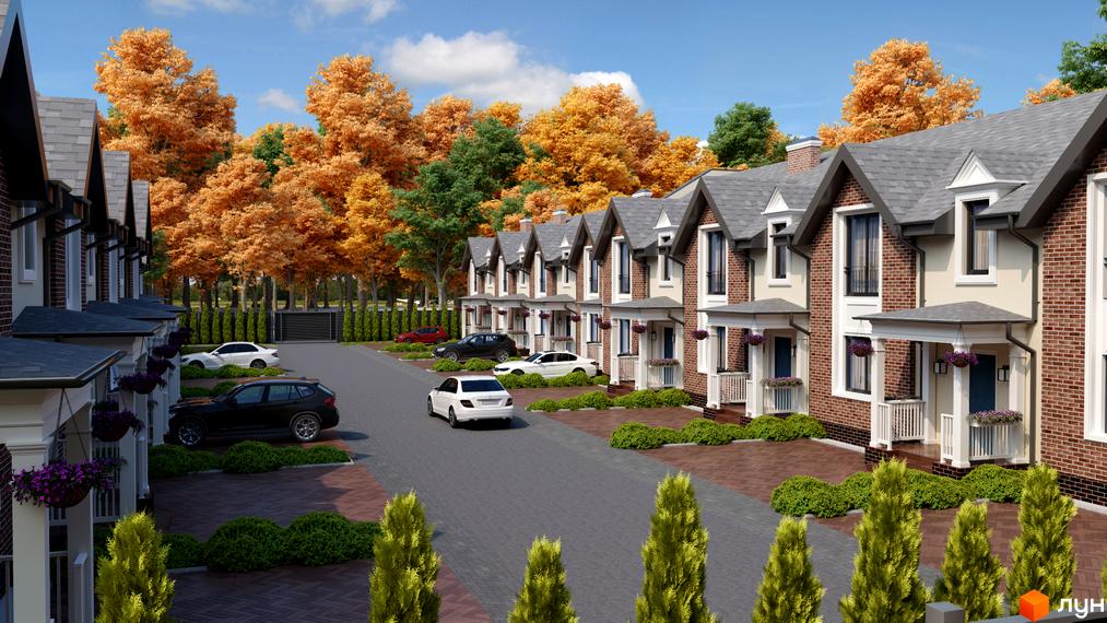Зображення Котеджного містечка Forest Town з таунхаусами з червоної цегли та зеленими насадженнями на прибудинковій території.