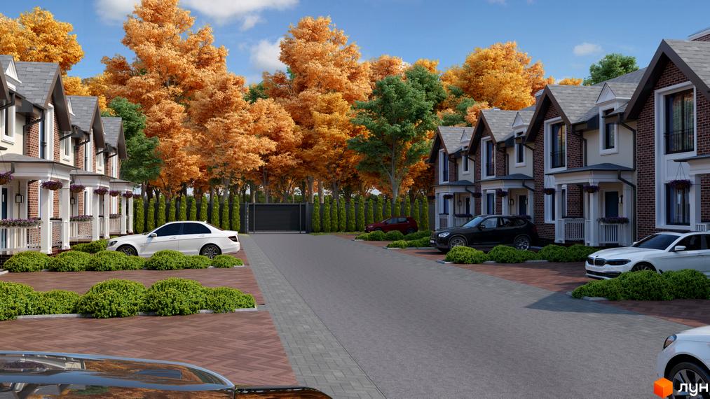 Зображення Котеджного містечка Forest Town з двоповерховими будинками та зеленими насадженнями. На передньому плані автомобілі.