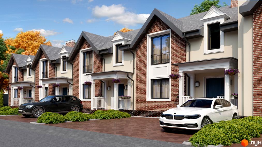 Вигляд таунхаусів у Котеджному містечку Forest Town. Перед будинками припарковані автомобілі та висаджені декоративні кущі.