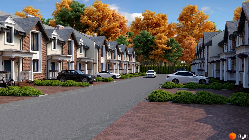 Зображення Котеджного містечка Forest Town з фасадами будинків та прилеглою територією. На передньому плані дорога та зелені насадження.