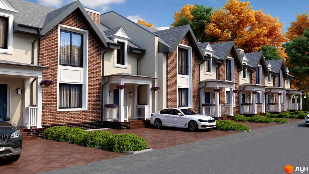 Зображення Котеджного містечка Forest Town: ряд будинків з червоної цегли з сірими дахами та зеленими насадженнями на передньому плані.