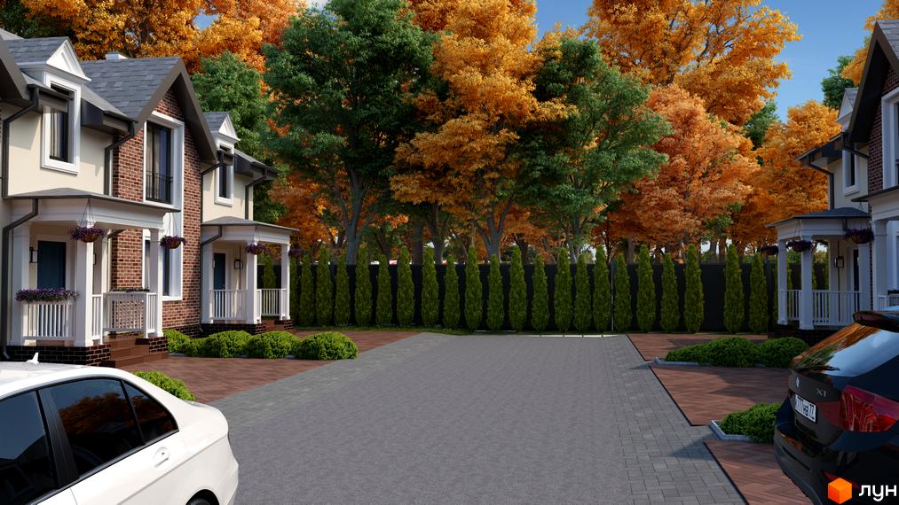 Зображення котеджів у Котеджному містечку Forest Town з червоної цегли з сірими дахами. Навколо будівель зелені дерева та акуратний двір.