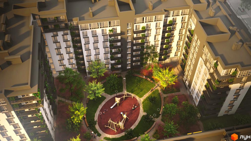 AUROOM SUNRISE – сучасний житловий комплекс з внутрішнім двориком та дитячим майданчиком. Зовнішній вигляд будівель та прибудинкової території.