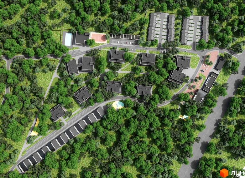 Зображення Котеджного містечка Forest Town з висоти пташиного польоту. Навколо комплексу зелені насадження, поруч парковка та дитячий майданчик.