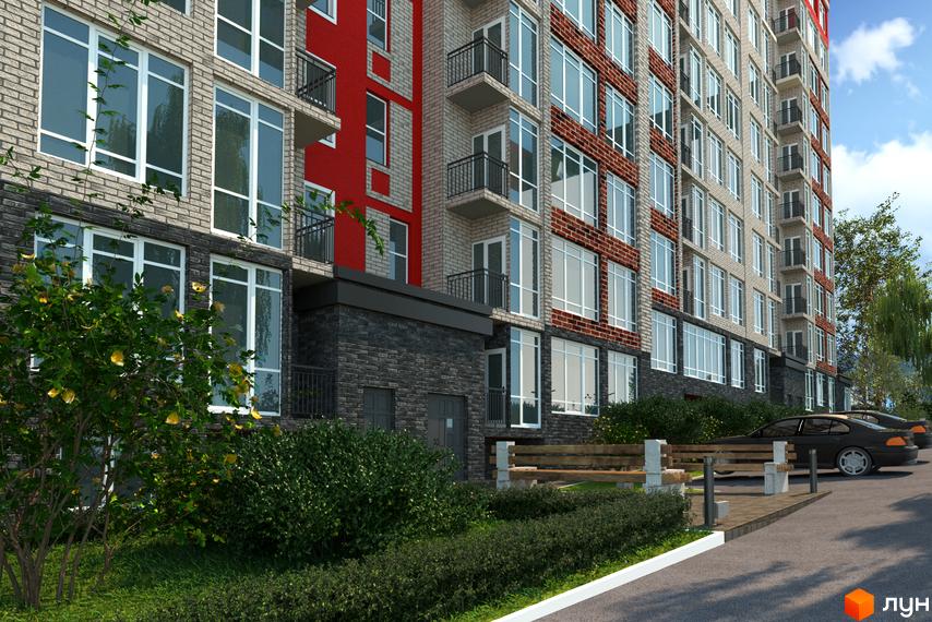 Зовнішній вигляд новобудови ЖК Сьоме Небо з фасадами з цегли та великими вікнами. Прибудинкова територія з деревами та лавкою.