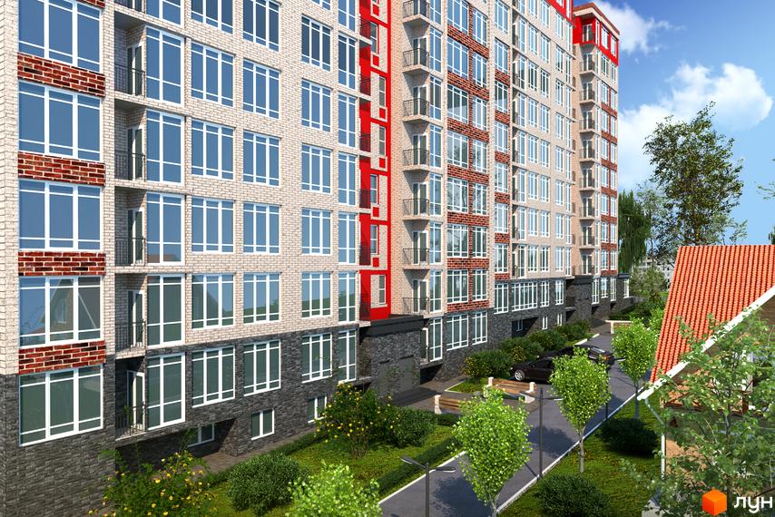 Зовнішній вигляд новобудови ЖК Сьоме Небо з цегляним та червоним фасадом, великими вікнами та балконами. На прибудинковій території розташовані зелені насадження, лавки та парковка.