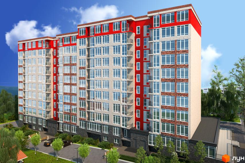 Житловий комплекс Сьоме Небо - багатоповерхова новобудова з червоними та світло-сірими фасадами, цегляними вставками та великою кількістю вікон. Навколо будинку зелена зона з деревами та доглянутою прибудинковою територією.