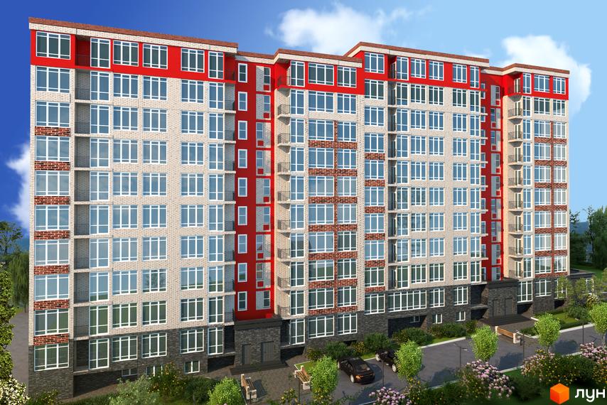 Новобудова ЖК Сьоме Небо з червоними та світлими фасадами, великою кількістю вікон та балконів. На прибудинковій території розташовані дерева, кущі та лавки.