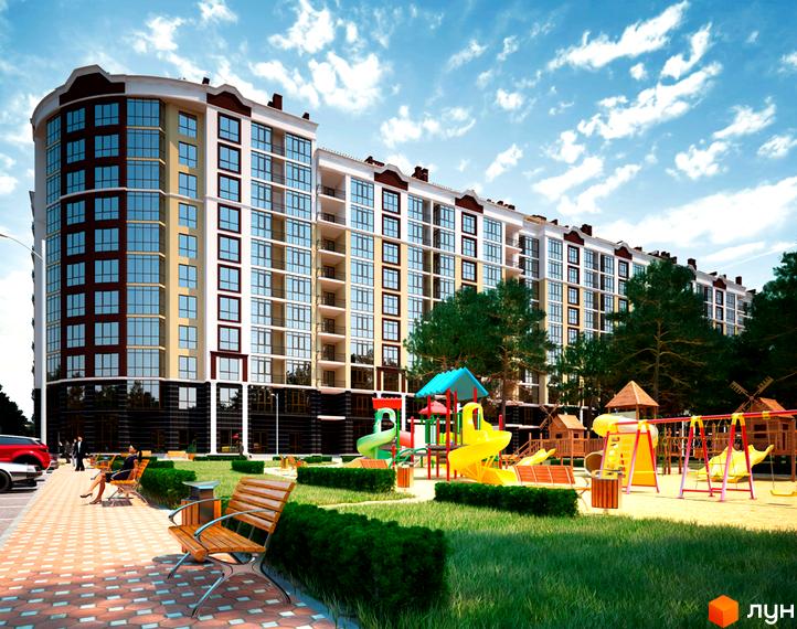 Зображення фасаду та прибудинкової території Житлового комплексу Лісова казка. Багатоповерховий будинок з дитячим майданчиком та зеленими насадженнями.