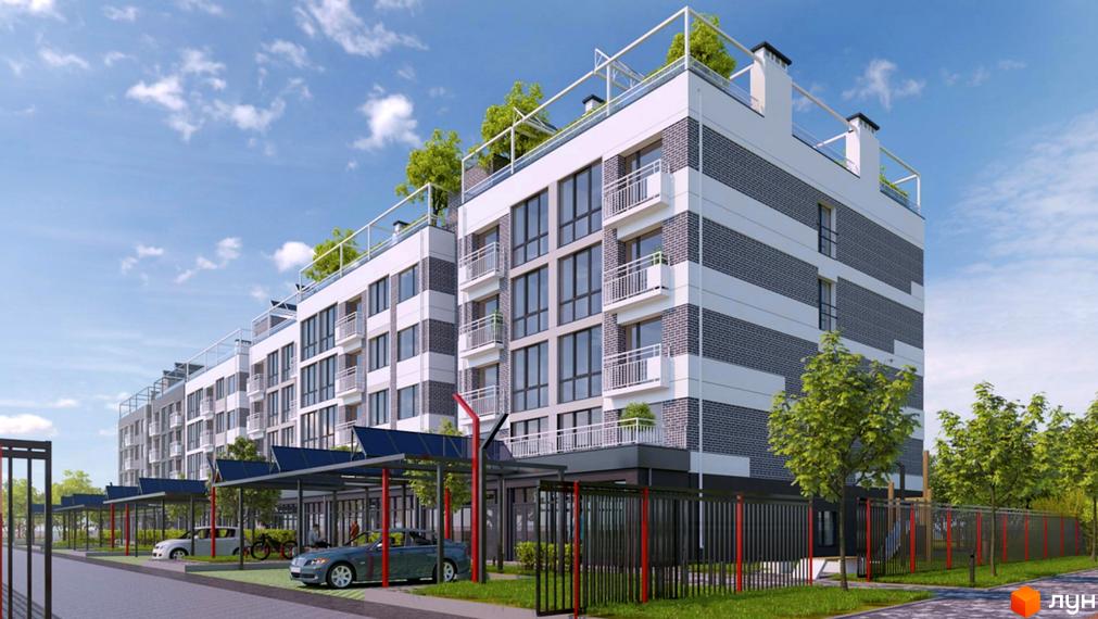 Зображення фасаду Житлового комплексу в Лісній Бучі. На фото будівля з балконами та прибудинкова територія з парковкою.