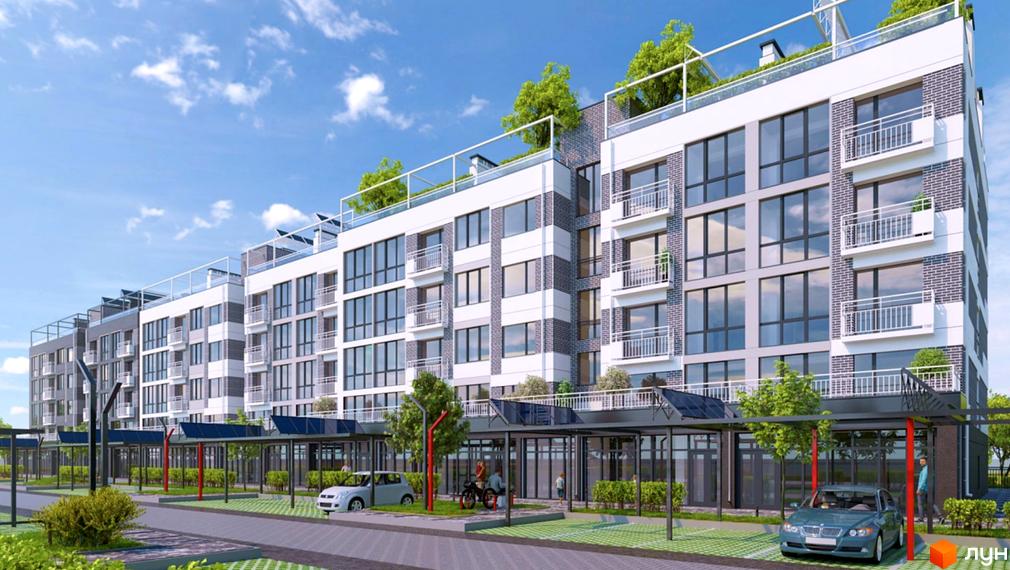 Зображення фасаду та прибудинкової території Житлового комплексу в Лісній Бучі. Багатоповерховий будинок з великими вікнами та балконами.