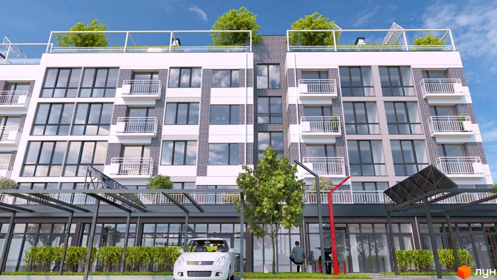 Зображення фасаду Житлового комплексу в Лісній Бучі. Багатоповерховий будинок з великими вікнами та балконами.