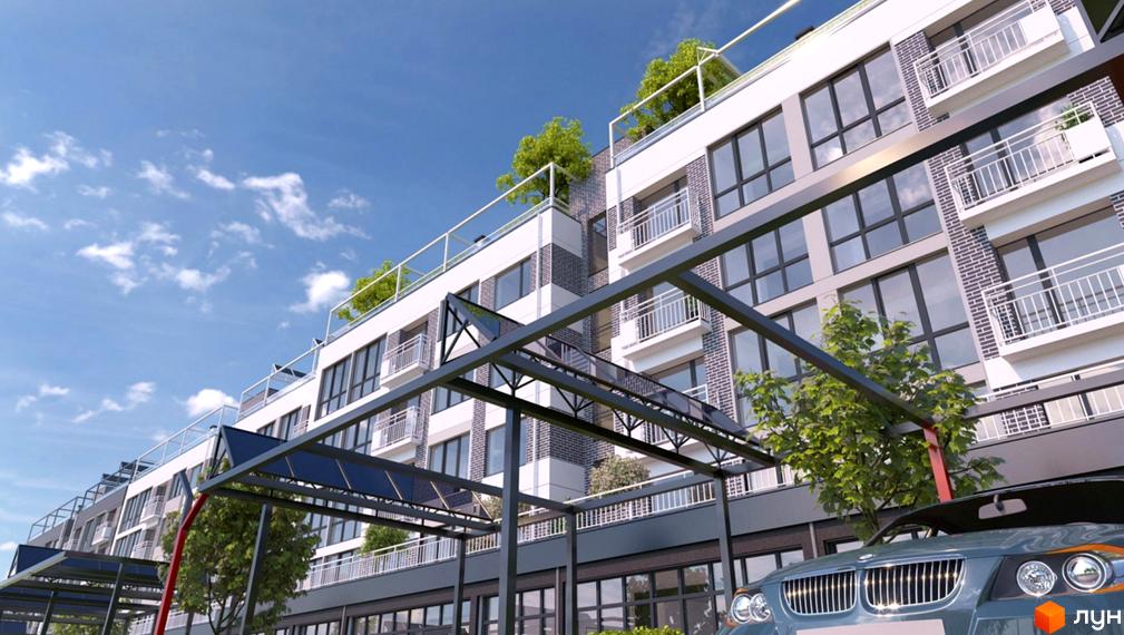 Зображення фасаду будинку в Житловому комплексі в Лісній Бучі. На даху будинку розташовані зелені насадження.