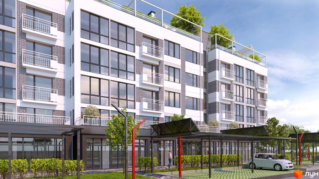 Зображення фасаду та прибудинкової території Житлового комплексу в Лісній Бучі. Багатоповерховий будинок з великими вікнами та балконами.