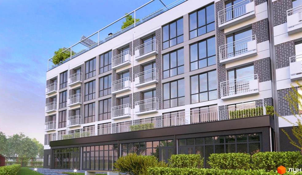 Зображення фасаду Житлового комплексу в Лісній Бучі з великими вікнами та балконами. Навколо будинку зелені насадження.