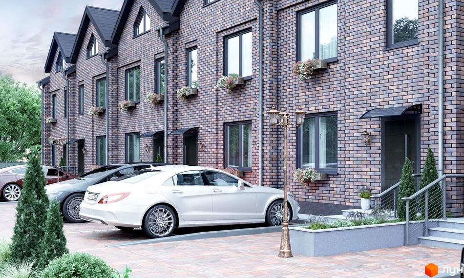 Зображення таунхаусів Family Residence з цегляним фасадом. Перед будинками припарковані автомобілі та висаджені декоративні рослини.