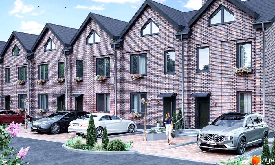 Зовнішній вигляд таунхаусів Family Residence з червоної цегли. На передньому плані припарковані автомобілі та зелені насадження.