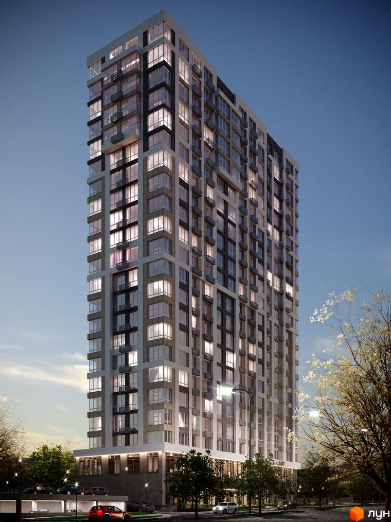 Зовнішній вигляд новобудови ЖК Liberty Gardens з численними вікнами та балконами. Навколо будинку розташовані дерева та підземний паркінг з автомобілями.