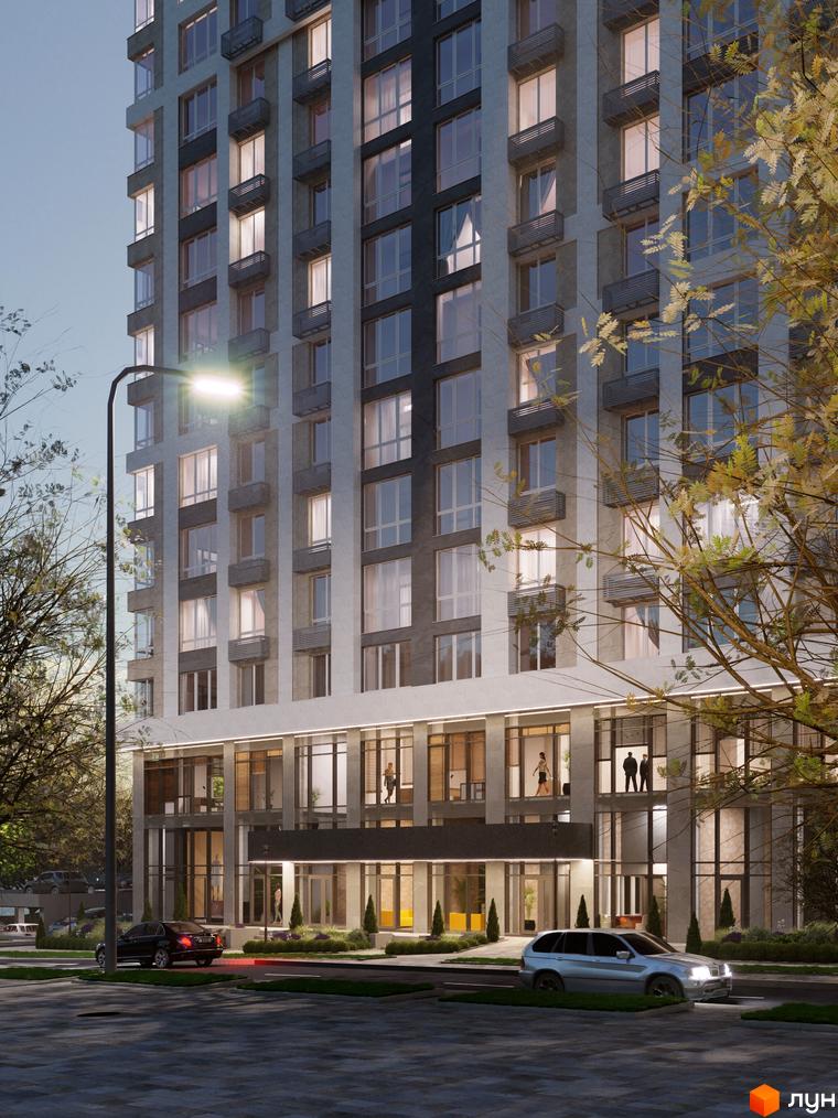 Зовнішній вигляд новобудови ЖК Liberty Gardens з вікнами, балконами та входами. Прибудинкова територія з деревами та автомобілями.