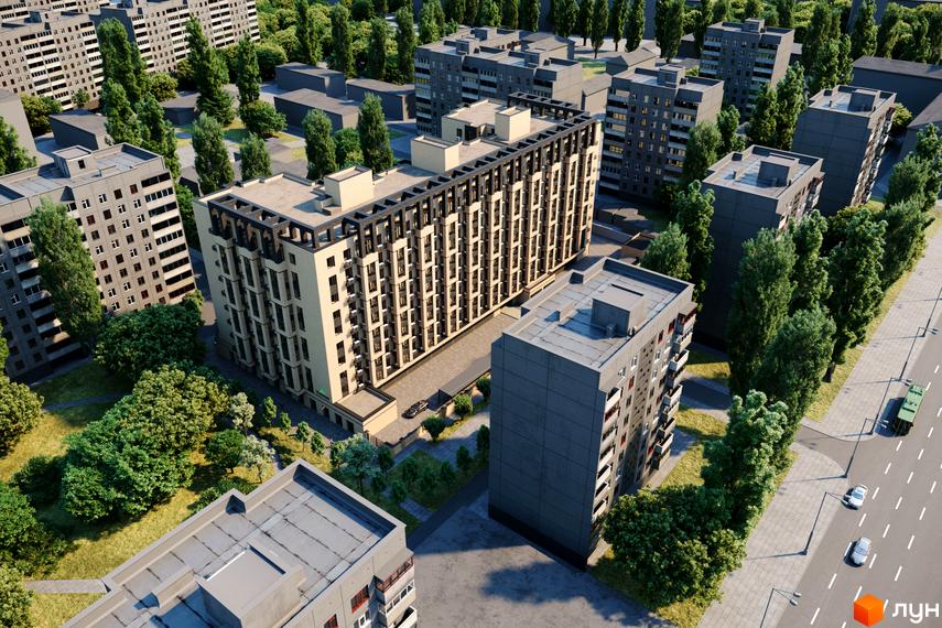 Житловий комплекс Promenade: світлий багатоповерховий будинок з темними елементами фасаду. Навколо розташовані зелені насадження та інші житлові будинки.