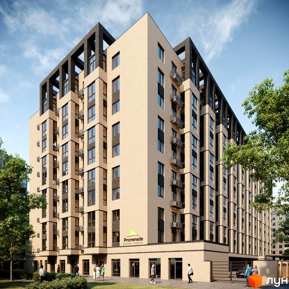 Зовнішній вигляд новобудови ЖК Promenade з цегляним фасадом та балконами. Прибудинкова територія з деревами та людьми.