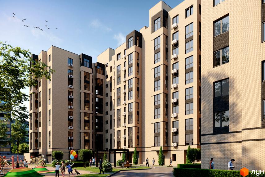 Зовнішній вигляд житлового комплексу Promenade з цегляним фасадом та кондиціонерами на стінах. Прибудинкова територія з дитячим майданчиком та зеленими насадженнями.