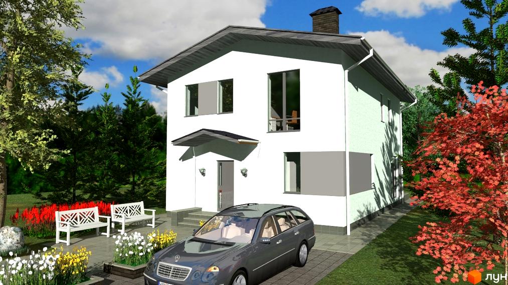 Зображення будинку в Котеджному містечку GREEN CLUB. Двоповерховий будинок з білими стінами, сірим дахом та припаркованим автомобілем.