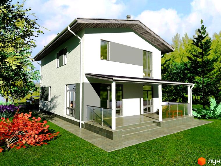 Зображення двоповерхового будинку з терасою в Котеджному містечку GREEN CLUB. Навколо будинку зелений газон та дерева.