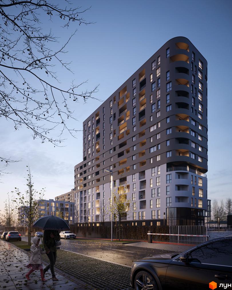 Зовнішній вигляд житлового комплексу Safe Town з елементами архітектури та прибудинковою територією у вечірній час. Фото новобудови з фасадами та балконами.