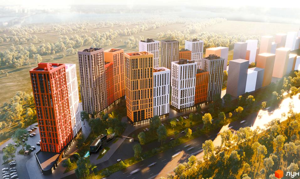 Житловий комплекс Svitlo Park - сучасна архітектура з різнокольоровими фасадами висотних будинків. Територія комплексу з деревами та дорогою.