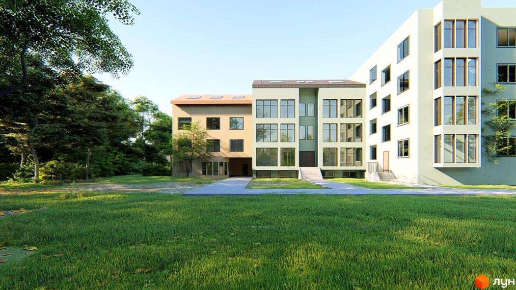 Житловий комплекс Лайм з фасадом світлих відтінків на тлі зелені. Простора прибудинкова територія з газоном та деревами.
