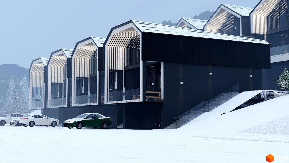 Зображення Котеджного містечка Black&White Villas взимку. Вигляд будинків з прибудинковою територією, вкритою снігом.