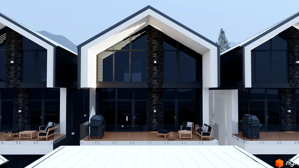 Зовнішній вигляд котеджів у Містечку котеджів Black&White Villas. Двоповерхові будинки з великими вікнами та терасами для відпочинку.