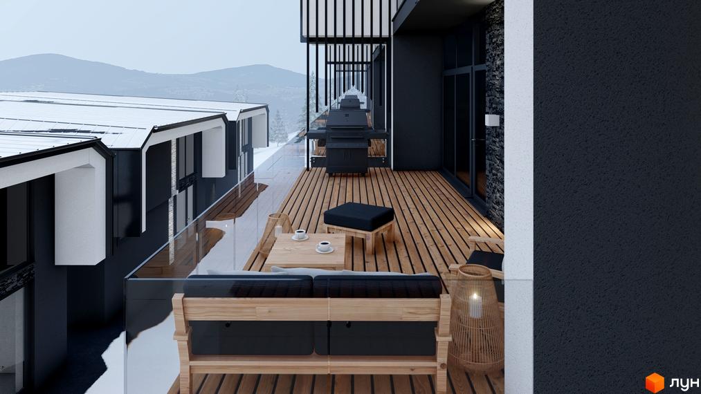 Вигляд тераси в Котеджному містечку Black&White Villas з меблями та грилем. На задньому плані видно гори та інші будинки.