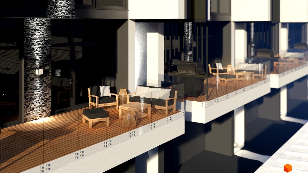 Зображення тераси в Котеджному містечку Black&White Villas. На терасі розміщені меблі для відпочинку та гриль.