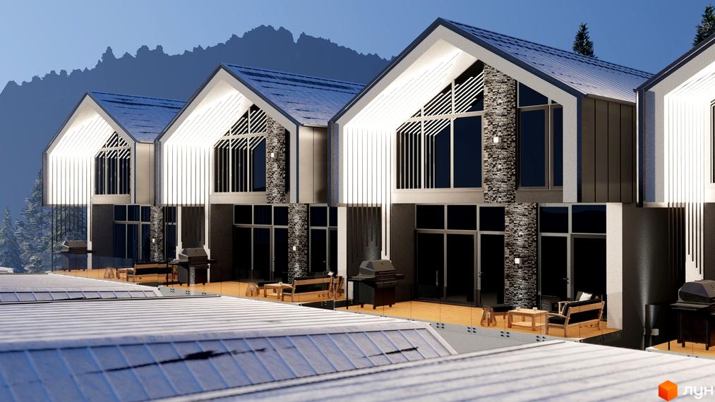 Зображення Котеджного містечка Black&White Villas. Будинки з великими вікнами та терасою з меблями для відпочинку.