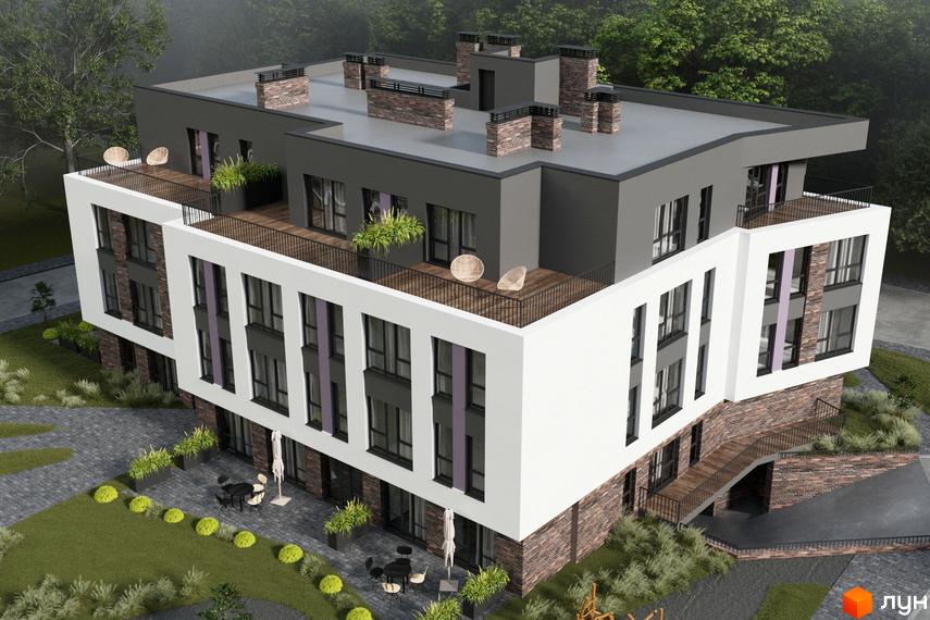 Зображення фасаду будинку Житлового комплексу ІНЖИР з балконами та терасою. Навколо будинку зелена прибудинкова територія з ландшафтним дизайном.