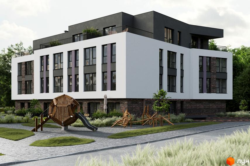 Житловий комплекс ІНЖИР з білою та сірою фасадною обробкою, цегляною основою та дитячим майданчиком на прибудинковій території.