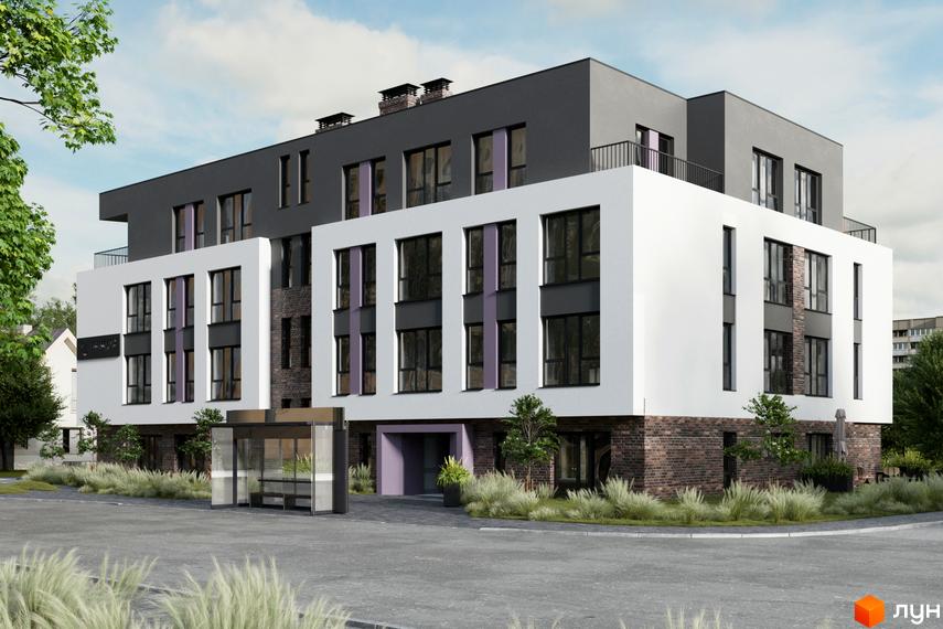 Новобудова ЖК ІНЖИР з білим та сірим фасадом, цегляною обробкою та великими вікнами. Прибудинкова територія з зеленими насадженнями та автобусною зупинкою.