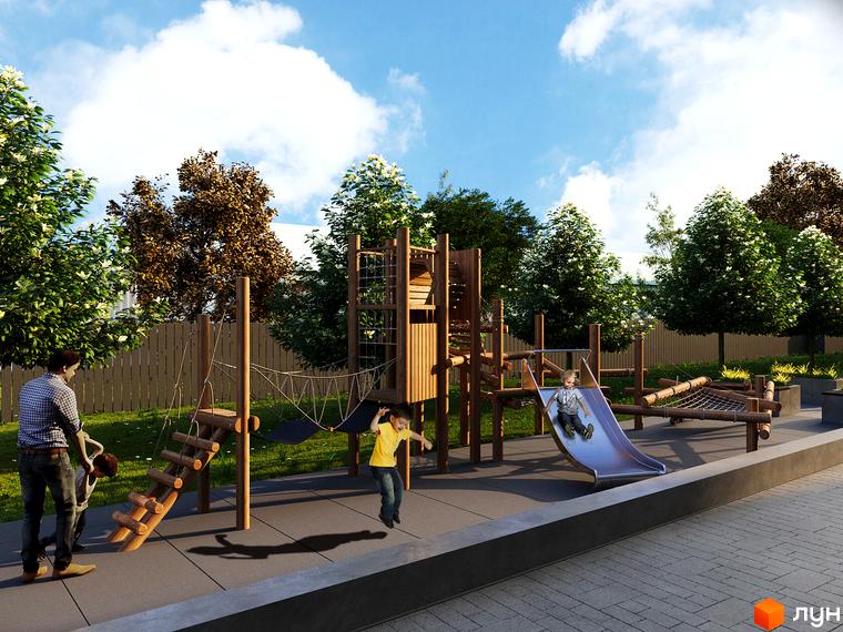 Дитячий майданчик Житлового комплексу AMSTERDAM з дерев'яними елементами, гіркою та дітьми. Прибудинкова територія з зеленими насадженнями.